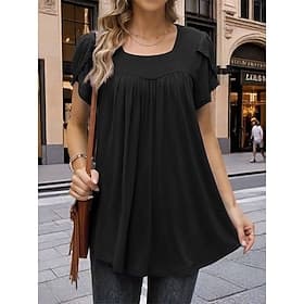 Femmes T-shirt Froncé Élégant Occasionnel Manche Courte Manches bouffantes Col carré Hauts Longs Occasionnel Quotidien Sortir Bleu Noir Vin Violet Été Printemp