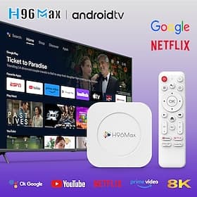 Boîtier TV Android 14 H96 Max 8K Ultra HD, lecteur multimédia intelligent avec lecteur de streaming, télécommande vocale Google Assistant, compatible avec Netf