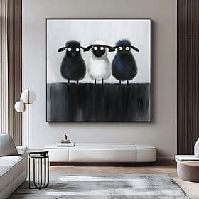 Peinture à l'huile originale représentant des moutons en pâture, réalisée à la main. Paysage animalier en noir et blanc. Peinture en impasto.