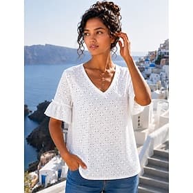 Women's Shirt Eyelet Top Blouse Eyelet Plain Stylish Classic Modern Short Sleeve V Neck Long Tops Casual Daily Going out White Summer Spring