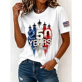 Jour de l'Indépendance Américaine Femmes T-shirt Imprimé Graphique Drapeau Lettre ancien Mode Élégant Manche Courte Col ras du cou Hauts Longs Occasionnel Quot