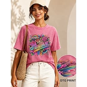 Femmes 100% Coton T-shirt Hauts effet délavé vintage Imprimé Graphique Lettre ancien Mode Élégant Manche Courte Col ras du cou Hauts Réguliers Occasionnel Quot
