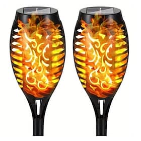 Lot de 2 lampes torches solaires LED 33/96, à brancher sur secteur, pour pelouse, jardin, cour extérieure, étanches, à induction, avec effet flamme.