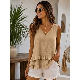 Femmes Débardeur A Volants Uni Mode Élégant Classique Sans manches Col en V Hauts Réguliers Occasionnel Quotidien Sortir Bleu Kaki Rose Claire Été Printemps
