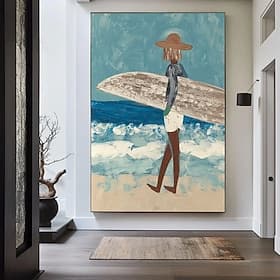 Grande toile représentant un surfeur côtier, art mural tropical, décoration minimaliste moderne sur toile, style océanique, pour la maison d'été