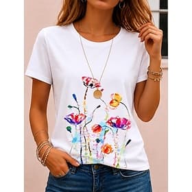 Women's T Shirt Print Floral Graphic Plants Casual Short Sleeve Crew Neck Round Neck Regular Tops Casual Daily White Black BlackBlue Summer Spring Fall Winter