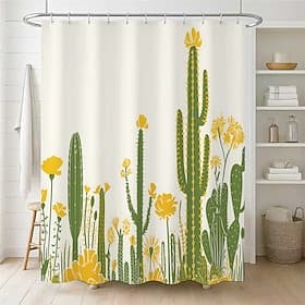 Rideau de douche imprimé à motif cactus, décoration de salle de bain en tissu de style artistique avec 12 crochets en plastique, lavable en machine. Accessoire