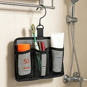 Lot de 2 paniers de douche portables en filet avec crochet pivotant, sac de rangement suspendu pour salle de bain à 3 compartiments, organisateur de toilette d
