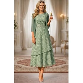 Deux Pièces Ligne A Longueur thé Robe de Mère de Mariée Sans manches Manche 3/4 Col Bateau Élégant Simple Minimaliste Formel Semi-Formel Dentelle Robes avec V