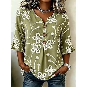 Femmes Chemise Décontractée Hauts d'été Chemisier Boutons A Ombre Fleuri Graphique Élégant Bohème Actif Col en V Hauts Réguliers Occasionnel Vert et Bleu Viole