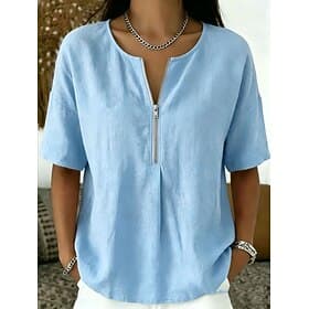 Femmes Chemise Chemisier Fermeture éclair Couleur Unie Élégant Vacances Mode Manche Courte Col de chemise Hauts Réguliers Occasionnel Bleu couleur orange Noir