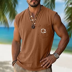 Homme Chemise 100% coton délavée à l'acide T-shirt sans manches Sans manches Henley Été Couleur Unie Ancre Occasionnel Teinture en vêtement Délavé Lavage vinta
