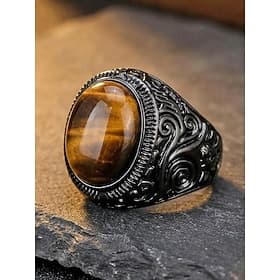Bague homme vintage en œil de tigre, anneau en alliage noir gravé, style bohème ethnique, bijou masculin idéal pour les voyages d'été et les tenues décontracté