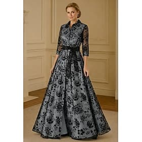 Ligne A Longueur au sol Robe Chemise Robe d'invité de mariage Robe de Cérémonie Robe de Mère de Mariée Manche 3/4 Col de chemise Élégant Simple Echarpe inclus