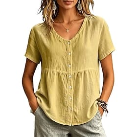 Femmes Chemise Chemisier Patchwork Boutons Couleur Unie Élégant Occasionnel Manche Courte Col ras du cou Hauts Réguliers Occasionnel vert jaunâtre Noir Blanche