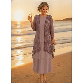 Deux Pièces Ligne A Longueur cheville Robe de Mère de Mariée Manche 3/4 Demi Manches Col Rond Élégant Simple Luxueux Formel robe demoiselle d honneur Chiffon
