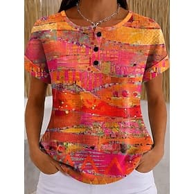 Women's Waffle T Shirt Color Block Print Graphic Geometric Vintage Stylish Classic Short Sleeve Crew Neck Regular Tops Daily Black and White Black White Yellow