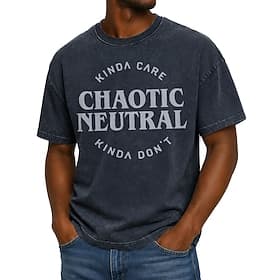 T-shirt homme style chaotique neutre, style gaming, 100 % coton, délavé à l'acide, manches courtes, col rond, imprimé DTG, mode quotidienne, vacances, printemp