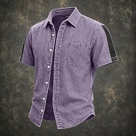 Chemise homme Softfade™ décontractée en jean délavé à l'acide, teinte en pièce bordeaux, bleu marine, violet, vert militaire, gris, manches courtes, col uni, s