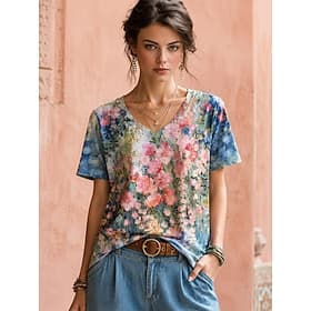 Femmes T-shirt bohème Hauts d'été Fleuri Graphique Plantes Élégant Bohème ancien Manche Courte Col en V Hauts Réguliers Occasionnel Quotidien Sports Bleu Blanc
