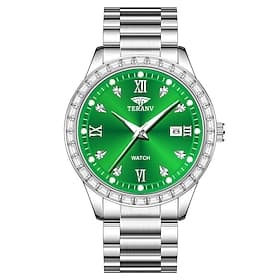 Montre de luxe pour homme, bracelet en acier inoxydable argenté, cadran vert émeraude soleillé avec lunette en cristal Montre habillée avec accents de diamants