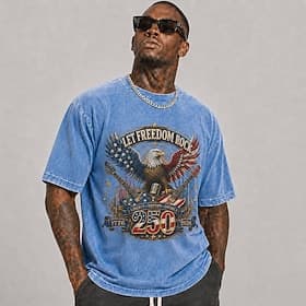 T-shirt homme aigle 250e anniversaire, 100 % coton, délavé à l'acide, manches courtes, impression directe sur textile, col rond, mode quotidienne, vêtements pr