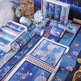 Ensemble de rubans adhésifs décoratifs galaxie avec feuille d'or, motif planètes et nuit étoilée, idéal pour le scrapbooking, le bullet journal, les loisirs cr