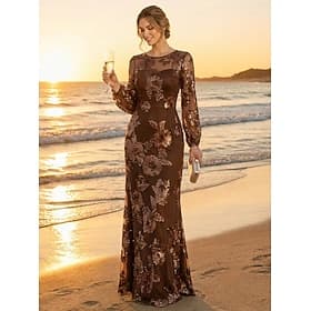 Fourreau Colonne Longueur au sol Robe de Mère de Mariée manche longue Col ras du cou Col Illusion Élégant ancien Luxueux Mariage à la plage Mariage dans un ja