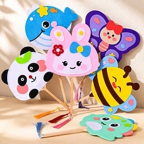 Kit de bricolage de 6 éventails en feutrine à motifs d'animaux pour enfants, éventail en bambou fait main avec pompons, activité artistique et manuelle créativ