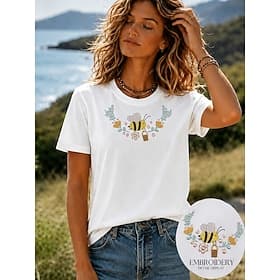 Femmes 100% Coton T-shirt Broderie Fleuri Graphique Les abeilles ancien Élégant Occasionnel Manche Courte Col ras du cou Hauts Réguliers Occasionnel Quotidien