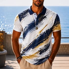 Homme Géométrique Marbre Polos Hawaïens Manche Courte Polos Revers Occasionnel Resort Athleisure Impression 3D Boutons Maille Respirante Printemps Été Bleu 1