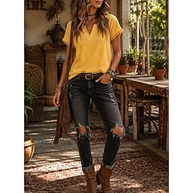Femmes Chemisier Frange Couleur Unie Quotidien Basique Occasionnel Manche Courte Col en V Hauts Réguliers Occasionnel Quotidien Bleu Jaune Rose Claire Orange É