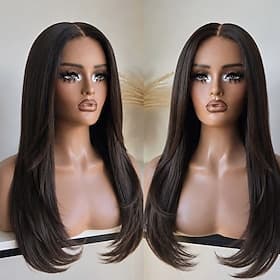 Perruque Cheveux Naturel humain 5x5 Fermeture dentelle frontale 13x4 Cheveux Brésiliens Lisse Marron Foncé Partie libre Coupe dégradée Femmes Densité 150% 180%