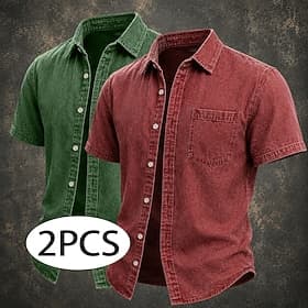 Chemise homme Softfade™ décontractée en jean, délavée à l'acide, teinte en pièce vert gris, rouge vert, rouge gris, vert violet, vert marron, manches cour