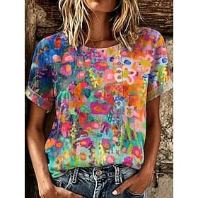 Femmes Chemisier Boutons Imprimé Fleuri Graphique ancien Élégant Occasionnel Manche Courte Col ras du cou Hauts Réguliers Occasionnel Fête Bleu Jaune Rouge Été