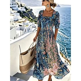 Femmes Robe Midi Robe Décontractée Robe trapèze Élégant Vacances Plage Fête Coupe régulière Fleuri Graphique Manche Courte Col carré Bleu Rose Claire Vert Été