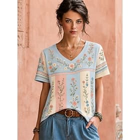 Women's Boho T-shirt Summer Tops Floral Graphic Plants Elegant Bohemia Vintage Short Sleeve V Neck Regular Tops Casual Daily Sports Blue White / Pink Apricot p