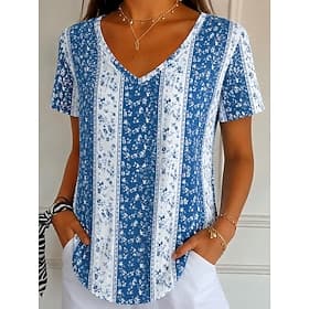 Easter Women's T Shirt Print Floral Graphic Plants Stylish Classic Casual Short Sleeve V Neck Long Tops Casual Daily Blue Summer Spring
