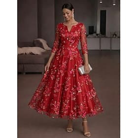 Ligne A Longueur cheville Longueur thé Robes de Cocktail Élégant ancien Floral Manche 3/4 Col en V Fête de jardin Mariage Satin Tulle avec Fleur brodée Plis Br