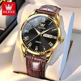 Montre homme Olevs, montre de luxe à quartz, élégante et décontractée, étanche, bracelet en cuir marron, affichage jour et date en chiffres romains, cadeau idé