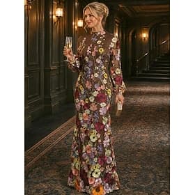 Fourreau Colonne Longueur au sol Robe de Soirée Élégant ancien Floral manche longue Col haut Fête de jardin Mariage Tulle mousseline de satin spandex Dos Bénit