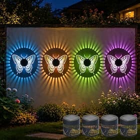 Lot de 4 lampes solaires murales papillon étanches en métal creux, blanc chaud Guirlandes lumineuses solaires LED colorées pour clôture, jardin, terrasse, esca