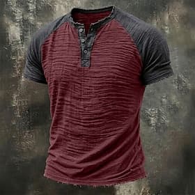 Homme T-shirt T-shirt en lin Manche Courte Henley Été Printemps Toutes saisons Couleur Unie Texturé Vacances ancien Sports Bloc de Couleur Bord écru Manche rag