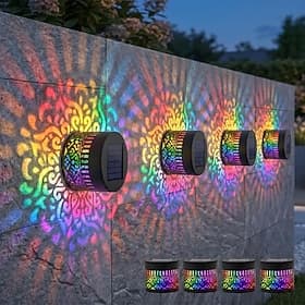Lot de 4 lampes solaires murales colorées pour extérieur, projecteurs mandala en métal pour clôture, étanches et décoratives, idéales pour jardin, terrasse, es