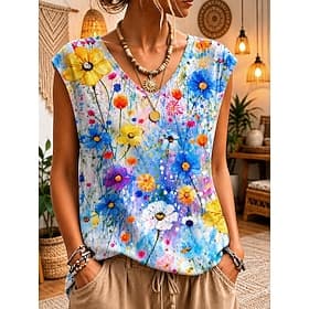 Femmes Débardeur Imprimé Fleuri Graphique ancien Élégant Occasionnel Sans manches Col en V Hauts Réguliers Occasionnel Quotidien Vêtements de vacances Bleu Ros
