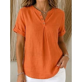 Women's Shirt Cotton Linen Shirts Ruched Buttons Solid Color Plain Bohemia Vacation Vintage Short Sleeve V Neck Long Tops Casual Daily Streetwear Blue Red Oran