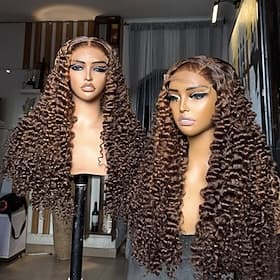 Perruque Cheveux Naturel humain 5x5 Fermeture dentelle frontale 13x4 Cheveux Brésiliens Bouclé Marron Partie libre Femmes Densité 150% 180% we say baby hair Li
