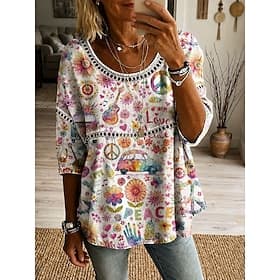 Femmes Chemise Haut à œillets Tunique Imprimé Fleuri Graphique ancien Quotidien Élégant Manche 3/4 Col ras du cou Hauts Réguliers Occasionnel Quotidien Kaki Bl
