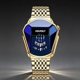 Men's Luxury Gold Watch Creative Triangular Shield Design with Unique Rolling Disk Display Blue Faceted Crystal Stainless Steel Band Waterproof Cool Fashion Bu