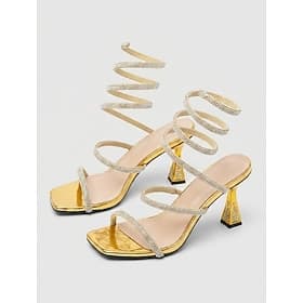 Sandálias femininas sensuais com salto espiral em formato de cobra e strass - stilettos dourados metálicos com tiras, perfeitas para sair à noite ou para a bal